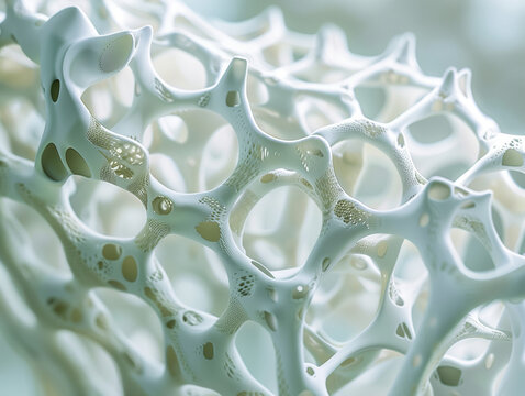 A close-up view of a complex, organic structure resembling bone or coral, rendered in pale blue and white tones with intricate textures and holes.