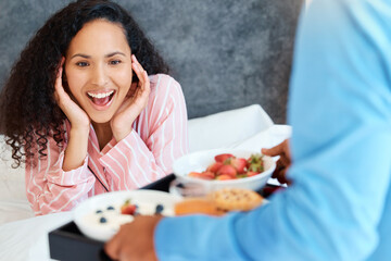 Sticker - Bedroom, happy woman and breakfast for celebration, surprise and special birthday. Morning, love and romance of married couple with fruit, food and pancakes for partner as anniversary day at home