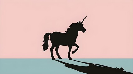 minimalist just the shadow of a unicorn in the center in front of a plain pastel colors background, side profile, vector graphic