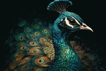 Naklejka na meble Beautiful Peacock. Peafowl head and Peacock tail with colorful feathers close up. Peacock illustration, art