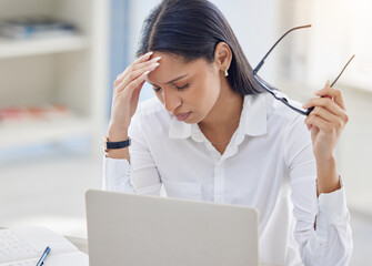Aufkleber - Headache, glasses and business woman with pain in office for editing report, burnout or project deadline. Fatigue, laptop and tired journalist, editor or female employee at desk for news agency