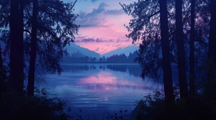 Canvas Print - Twilight lake scene cerulean blue blending into lavender and mauve hues framed by trees