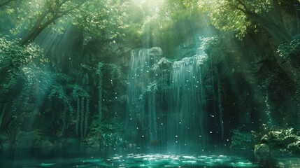 Canvas Print - Enchanting waterfall cascading into emerald pools kissed by golden sunlight