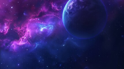 Celestial scene with swirling midnight blue and cosmic purple featuring a distant planet