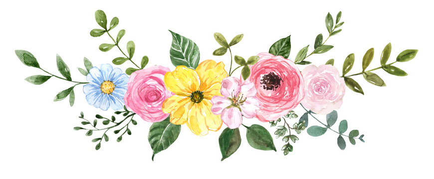 The watercolor floral arrangement features pretty hand-painted pink, yellow, and blue flowers and green leaves. Wildflowers wreath for cards, invitations, greetings. PNG clipart.