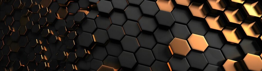 Poster - Abstract black background with golden hexagon pattern, dark and luxury wallpaper design for banner or cover presentation
