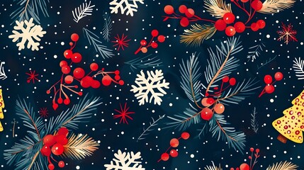 Poster - Festive Christmas Winter Florals and Snowflakes on Dark Background