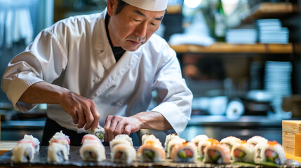 Poster - Japanese man dressed in a chef's uniform, skillfully preparing sushi rolls with precision and expertise