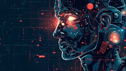 Aufkleber - Futuristic Artificial Intelligence Cyborg Head with Glowing Circuits and Data Streams
