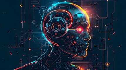 Aufkleber - Futuristic Cyborg Head with Glowing Digital Circuits and Cosmic Elements in Abstract Sci Fi