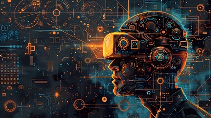 Aufkleber - Futuristic cyborg head with glowing digital circuits and cosmic galaxy background showcasing advanced technology and human machine interface