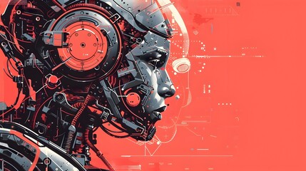 Aufkleber - Futuristic Cyborg with Advanced Digital Interface and Glowing Red and Orange Light