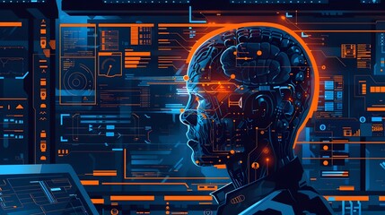 Aufkleber - Futuristic Digital Brain Interface Visualization Concept