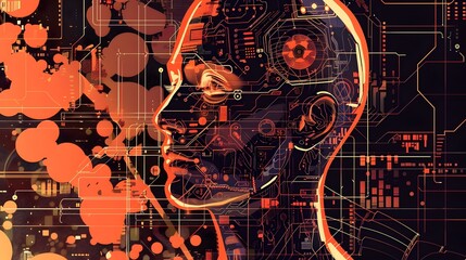 Poster - Futuristic Digital Landscape with Robotic Cyborg in Atmosphere of Abstract Glitching Patterns and Vibrant Colors