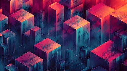 Aufkleber - Futuristic Geometric Cityscape with Vibrant Neon Palette