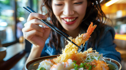 Poster - Japanese woman delighting in a plate of tempura