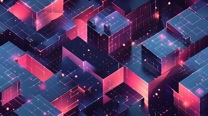 Poster - Glowing Geometric Futuristic Cityscape with Neon Hexagonal Shapes in Dynamic Motion for Digital Art and Technology Concepts