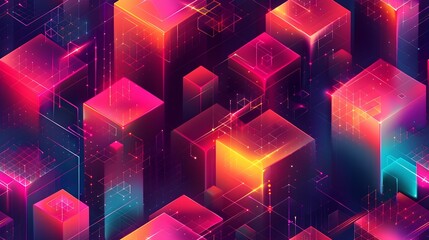 Leinwandbilder - Glowing Geometric Cubes in Vibrant Futuristic Digital Landscape