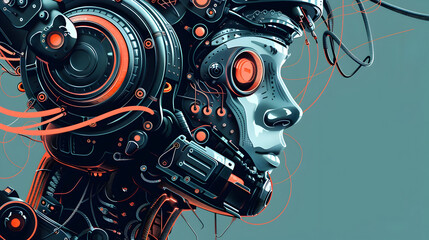Poster - Intricate Robotic Cyborg Head with Futuristic Digital Circuits and Technology Components
