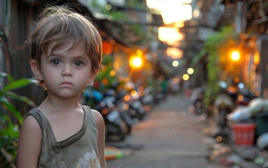 A young boy stands in front of a building with a blurry background. The boy is wearing a dirty shirt and he is looking at the camera. The scene has a somewhat somber and melancholic mood