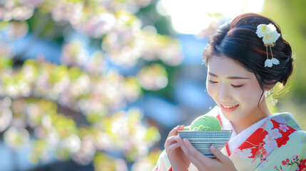 Sticker - Japanese woman savoring a bowl of matcha green tea ice cream