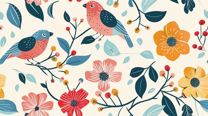 Poster - spring birds with flower and tree refreshing positive feeling, seamless pattern nursery design cartoon style illustration with grungy texture, Generative Ai