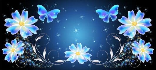 Wall Mural - Fairytale night sky with flowers and magical blue butterflies and floral ornament and stars. Fantasy sparkle background.