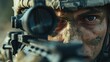 © Naknakhone - Close up of American soldier keeping sight on modern gun. copy space for text.