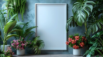 Aufkleber - Lush Tropical Foliage in Minimalist Indoor Setting with Framed Wall Display