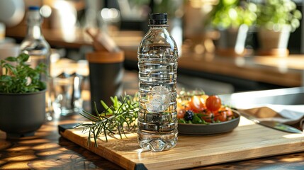 Wall Mural -   A bottle of water rests atop a cutting board with veggies nearby on a table