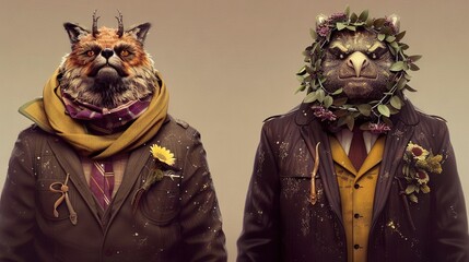   Two people wearing animal masks with flowers on their heads, one in a scarf and the other in a jacket