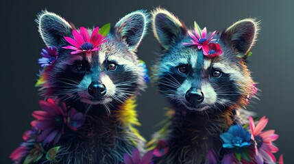 Wall Mural -   A pair of raccoons stand side-by-side against a dark backdrop, wearing flower crowns on their heads