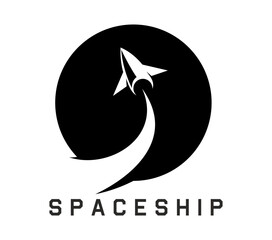 Poster - Spaceship icon of space ship, rocket and shuttle vector silhouette. Rocket startup or spaceship launch with takeoff smoke trace. Isolated round symbol of retro spacecraft, space travel and astronomy