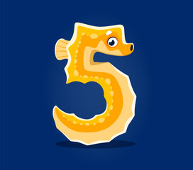Fototapete - Underwater sea animals in font, undersea type of number 5 seahorse, cartoon vector funny character. Sea animals font or ocean alphabet and numeral typeface with cartoon seahorse in number 5 Five
