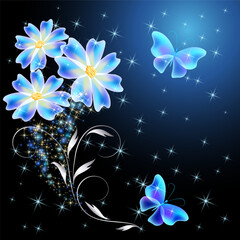 Wall Mural - Fairytale night sky with flowers and magical blue butterflies and floral ornament and stars. Fantasy sparkle background.