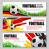 Fototapeta Panele - Euro soccer cup Germany 2024 banners with realistic 3d football balls, trophy and grass. Vibrant vector dynamic backgrounds with German flag black, red, yellow colors, promoting the tournament event