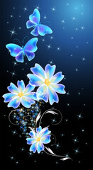 Wall Mural - Fairytale night sky with flowers and magical blue transparent butterflies and floral ornament and stars. Fantasy sparkle background.