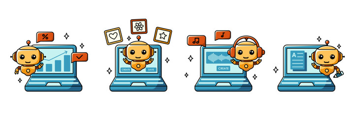 Using AI. Chat bot assistant for online applications. Cartoon vector concept illustrations