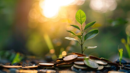 green plant growing from a pile of coins, business finance saving banking green investment growth, finance sustainable