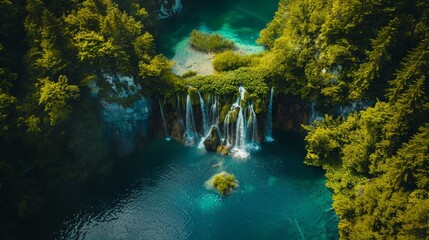 Wall Mural - Aerial view of the Plitvice Lakes National Park in Croatia, where waterfalls cascade between terraced lakes and lush fore