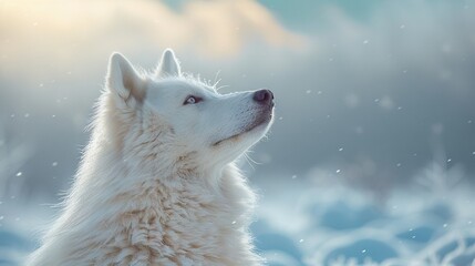 Wall Mural -   A white dog with snowflakes on its face and a sky in the background