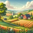 his breathtaking illustration captures the serene beauty and vibrant colors of an idyllic countryside landscape. The sun-drenched fields, rolling hills, and quaint farmhouses exude a sense of tranquil