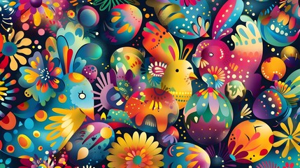 Poster - Vibrant and Whimsical Floral Pattern with Abstract Shapes and Playful Designs