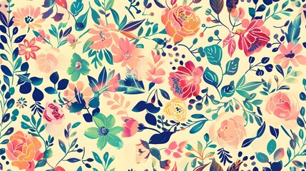 Aufkleber - Vibrant Floral Pattern with Vintage Inspired Botanical Designs and Colorful Blooms in Soft Tones