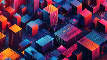 Aufkleber - Vibrant Geometric Cityscape of Glowing Cubic Structures in a Futuristic Digital Landscape