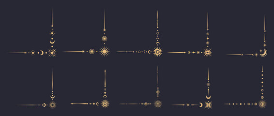 magic celestial border corners. vector set of decorative golden angles with stars, moons, suns and c