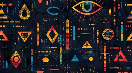 Poster - Vibrant Geometric Shapes and Symbols in Abstract Futuristic Backdrop for Digital Art or Graphic Design Purposes
