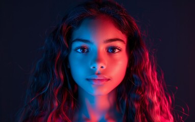 Wall Mural - A young woman with long hair and a blue eye stares at the camera. The image has a moody and mysterious feel to it, as if the girl is lost in thought or contemplating something
