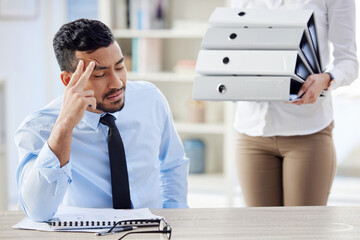 Aufkleber - Tired, stack of files and businessman with headache in office for editing report, burnout or project deadline. Fatigue, stress and paperwork with employee for exhausted, overwhelmed or frustrated