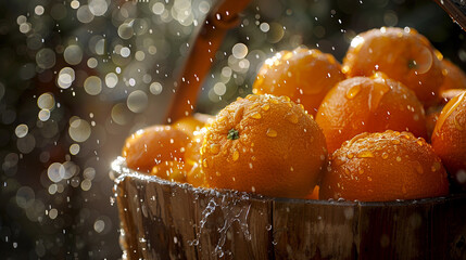 Wall Mural - Fresh oranges are arranged in a wooden basket, with droplets of water glistening on their smooth skin. 
